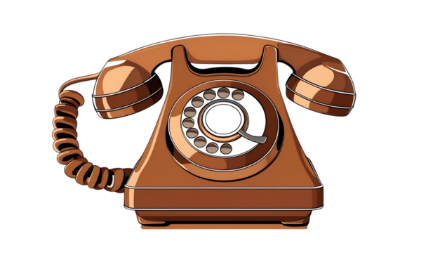 Retro copper rotary dial telephone with coiled cord on black background