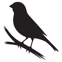 Black Silhouette of a Small canary Perched on Branch Vector Illustration