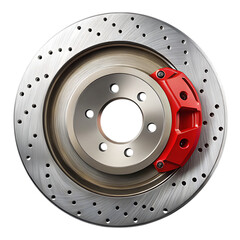 Close up of a perforated sport brake rotor with a bright red caliper isolated on a transparent background