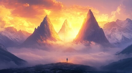 Epic landscape of three summits at dawn, person standing in front of them, dramatic mountain landscape, panoramic mountain vista
