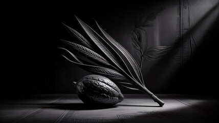 A monochromatic image captures the lulav and etrog, essential elements of sukkot, the jewish harvest festival