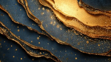 Fototapeta premium Golden Waves: An abstract, luxurious composition features swirling golden waves, layered against a deep blue backdrop, conveying opulence and elegance.