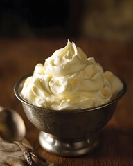 Bowl of whipped cream sits on a wooden table