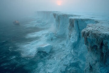 Frozen Realm's Edge: A vast expanse of ice meets the ocean under a sun, a lonely boat navigates the icy waters, the rugged cliffs and the vastness evoke a sense of both isolation and majestic beauty.
