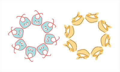 Cute baby bib for feeding for newborn baby isolated on white vector hand drawing illustration .Baby bib wreath .Newborn kids nursery accessory objects