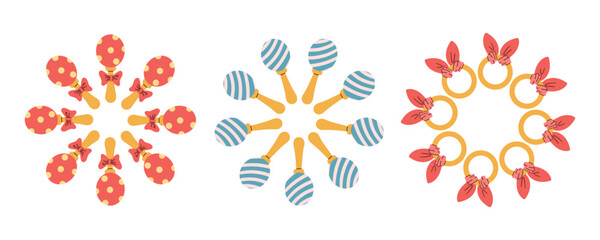 Cute toys for kids set concept. Entertainment and recreation. Inventory for children and playroom. Cartoon flat vector wreath isolated on white background. Hand drawn flat illustration .