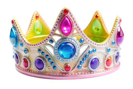 Colorful plastic crown with shiny jewels and pointed tips for children isolated on a transparent background