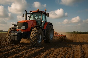 Powerful Tractor Cultivating Field Under Blue Sky with Clouds