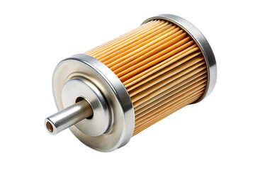 Cylindrical fuel filter cartridge with pleated orange paper element and metal housing isolated on a transparent background