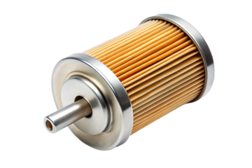 Cylindrical fuel filter cartridge with pleated orange paper element and metal housing isolated on a transparent background