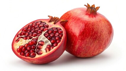 Vibrant Pomegranates A Whole Fruit and a Juicy Half on White Background