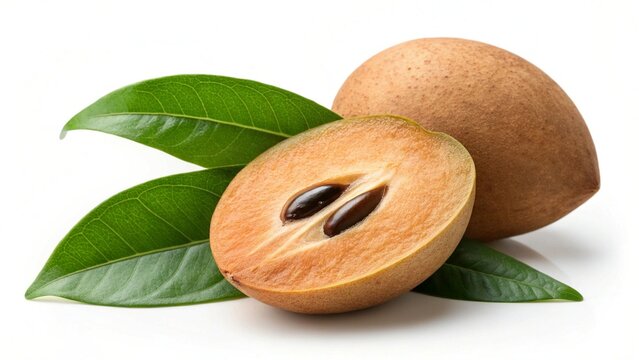 Sapodilla Fruit Still Life Whole and Halved with Leaves on White