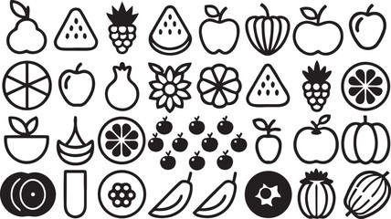 A vector illustration set of fresh fruit, flower, and leaf icons for healthy food design
