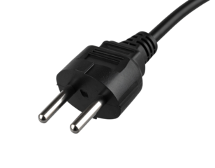 Modern electric plug with dual pins and cable, isolated on a transparent background