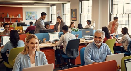 Diverse group of people working collaboratively in a modern, bright office space, using computers and smiling, with managers assisting team members.