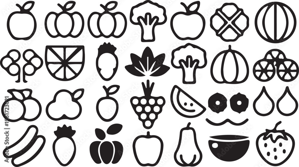 Poster seamless pattern with a collection of vector flower and fruit icons