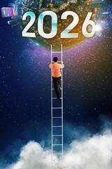 Man Climbing Ladder to 2026 – Futuristic Vision, Ambition and Goal Achievement Concept
