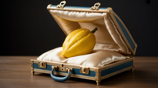 A yellow etrog is presented in a luxurious velvetlined box, highlighting its value and rarity as a unique and collectible fruit