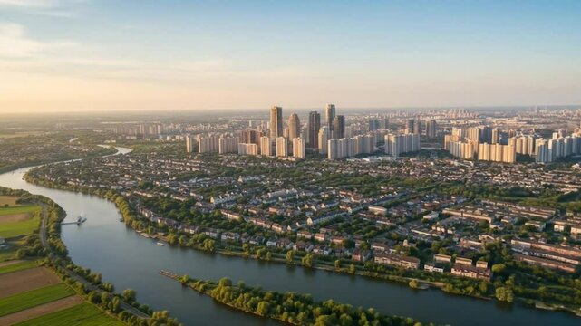 Panoramic aerial view of a sprawling city at sunset, showcasing a meandering river and diverse residential areas alongside modern skyscrapers.
