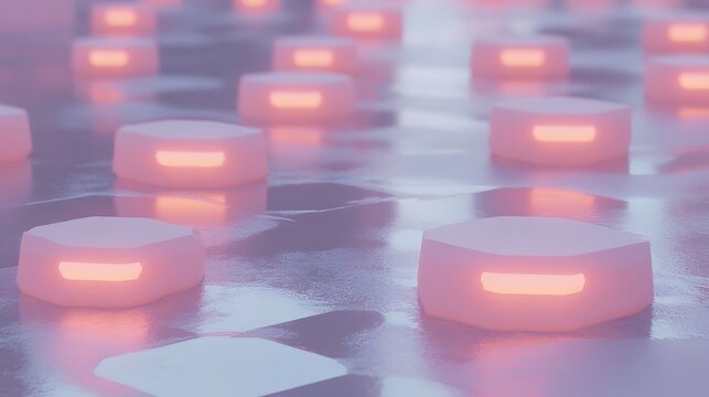 Abstract pattern of glowing hexagons on a reflective surface