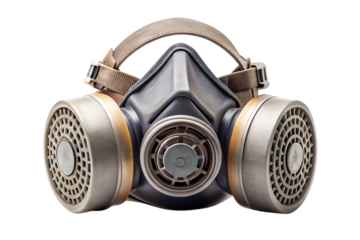 Front view of a gray and tan respirator mask with dual filters and a black background isolated on a transparent background