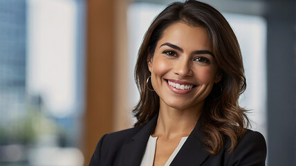 Fototapeta premium smiling hispanic businesswoman with blurred background.