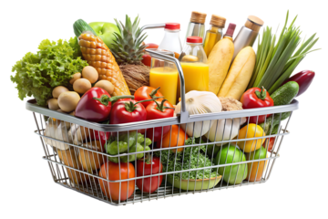 Full shopping basket overflowing with fresh fruits vegetables eggs and juice bottles isolated on a transparent background
