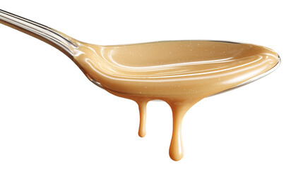 Sweet condensed milk flowing down from spoon into bowl isolated on transparent white background, clipping path