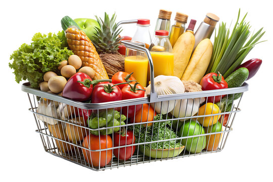 Full shopping basket overflowing with fresh fruits vegetables eggs and juice bottles isolated on a transparent background - Powered by Adobe
