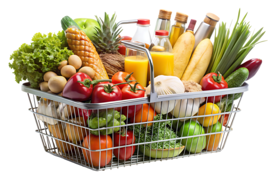 Full shopping basket overflowing with fresh fruits vegetables eggs and juice bottles isolated on a transparent background