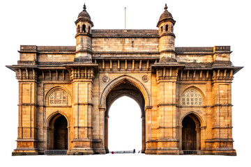 Gateway of India monument stone archway with ornate details and towers in Mumbai isolated on a transparent background