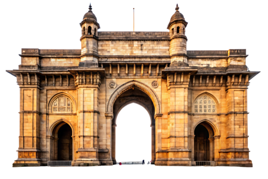Gateway of India monument stone archway with ornate details and towers in Mumbai isolated on a transparent background