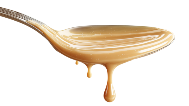 Sweet condensed milk flowing down from spoon into bowl isolated on transparent white background, clipping path