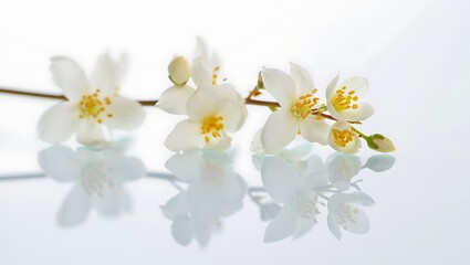 Delicate white jasmine blossoms with yellow stamens and reflections flowers