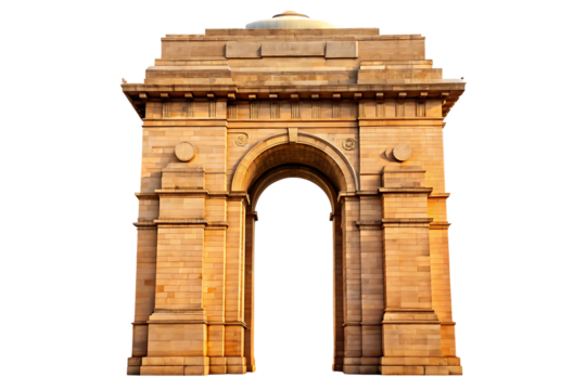 India Gate monument in New Delhi made of sandstone with an arched entryway isolated on a transparent background