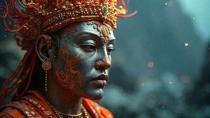 Red headdress, figure silhouette