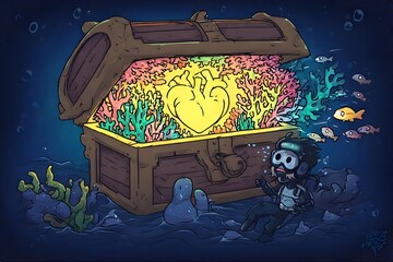 Diver discovers underwater treasure chest overflowing with vibrant coral and a glowing heart.