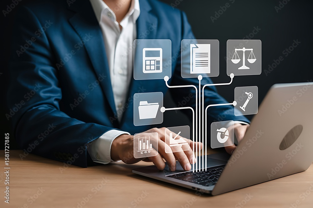 Poster businessman using laptop with digital interface displaying business icons technology