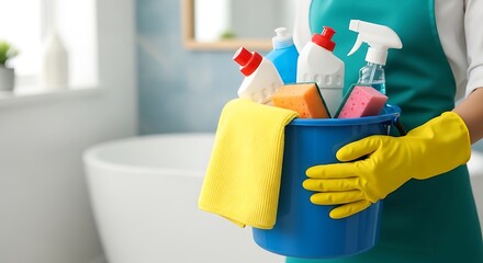 Blue Cleaning Bucket Yellow Gloves Sponges Cleaning Supplies Bathroom Cleaning Products Household Cleaning