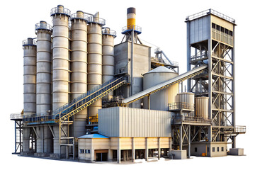 Large industrial cement manufacturing plant with multiple tall concrete silos and conveyor belts isolated on a transparent background