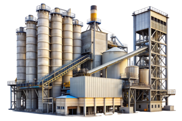 Large industrial cement manufacturing plant with multiple tall concrete silos and conveyor belts isolated on a transparent background