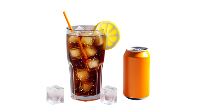 A cola soda mixed with lemonade and orange soda, served with ice cubes and bubbles on a white background.
