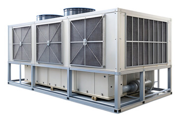 Large industrial H V A C air conditioning unit with metal grilles and fans isolated on a transparent background