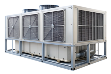 Large industrial H V A C air conditioning unit with metal grilles and fans isolated on a transparent background