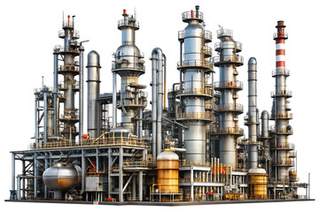 Large industrial oil refinery complex with multiple tall chimneys and metal structures isolated on a transparent background