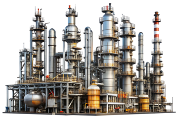 Large industrial oil refinery complex with multiple tall chimneys and metal structures isolated on a transparent background