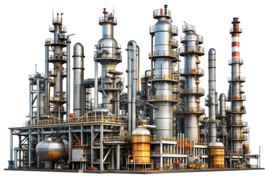Large industrial oil refinery complex with multiple tall chimneys and metal structures isolated on a transparent background