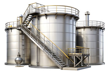 Large silver industrial storage tanks with metal staircase and yellow railings isolated on a transparent background