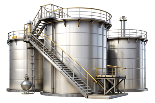 Large silver industrial storage tanks with metal staircase and yellow railings isolated on a transparent background