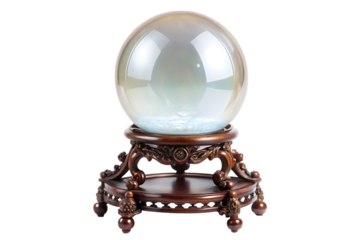 Large translucent crystal sphere with swirling white pattern on ornate dark wood stand isolated on a transparent background